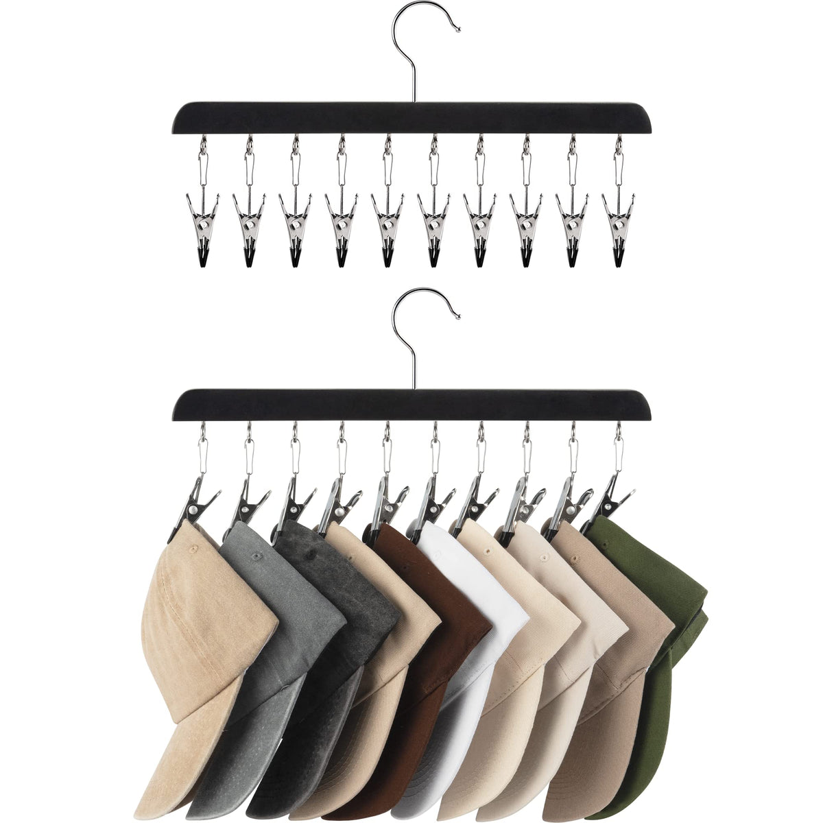 StorageWorks Hat Organizer 2 Pack, Black Cap Hanger Rack with 10 Clips
