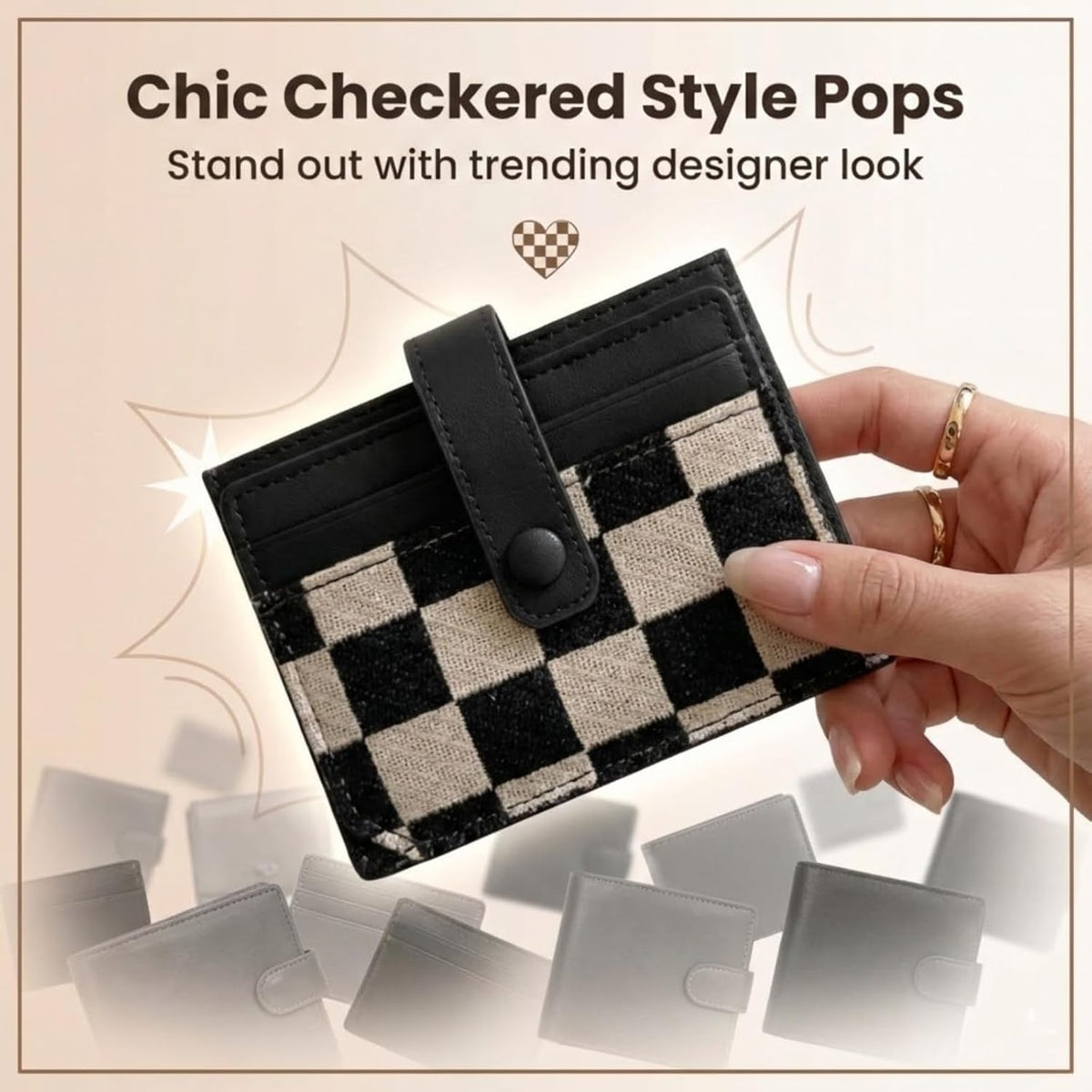 TURBOOST Cute Slim Card Holder Canvas Front Pocket Checkered Wallet, Small Credit Card Case for Women (Black)