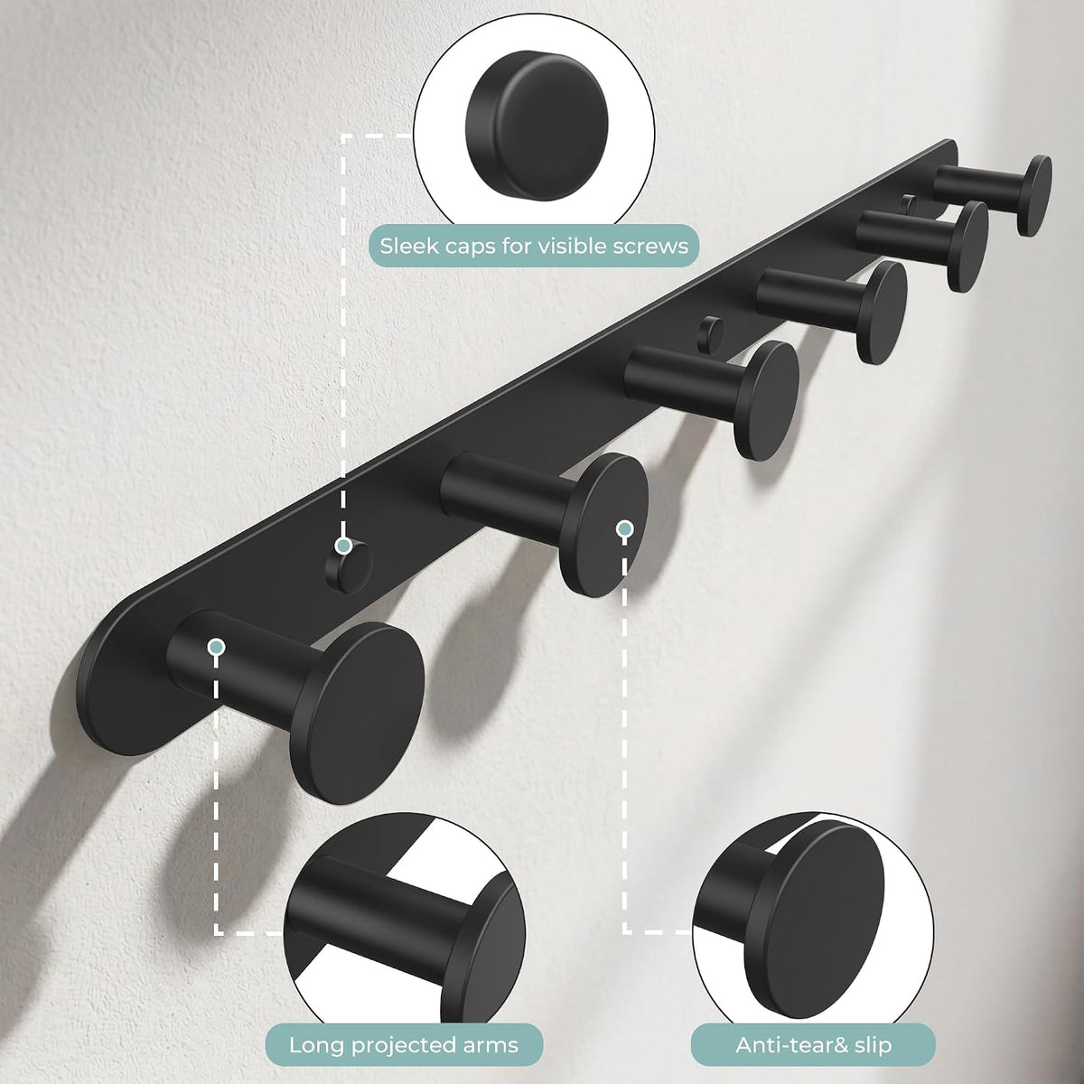 FORIOUS Hat Coat Rack Wall Mounted, 6 Wall Hooks SUS304 for Hanging Black