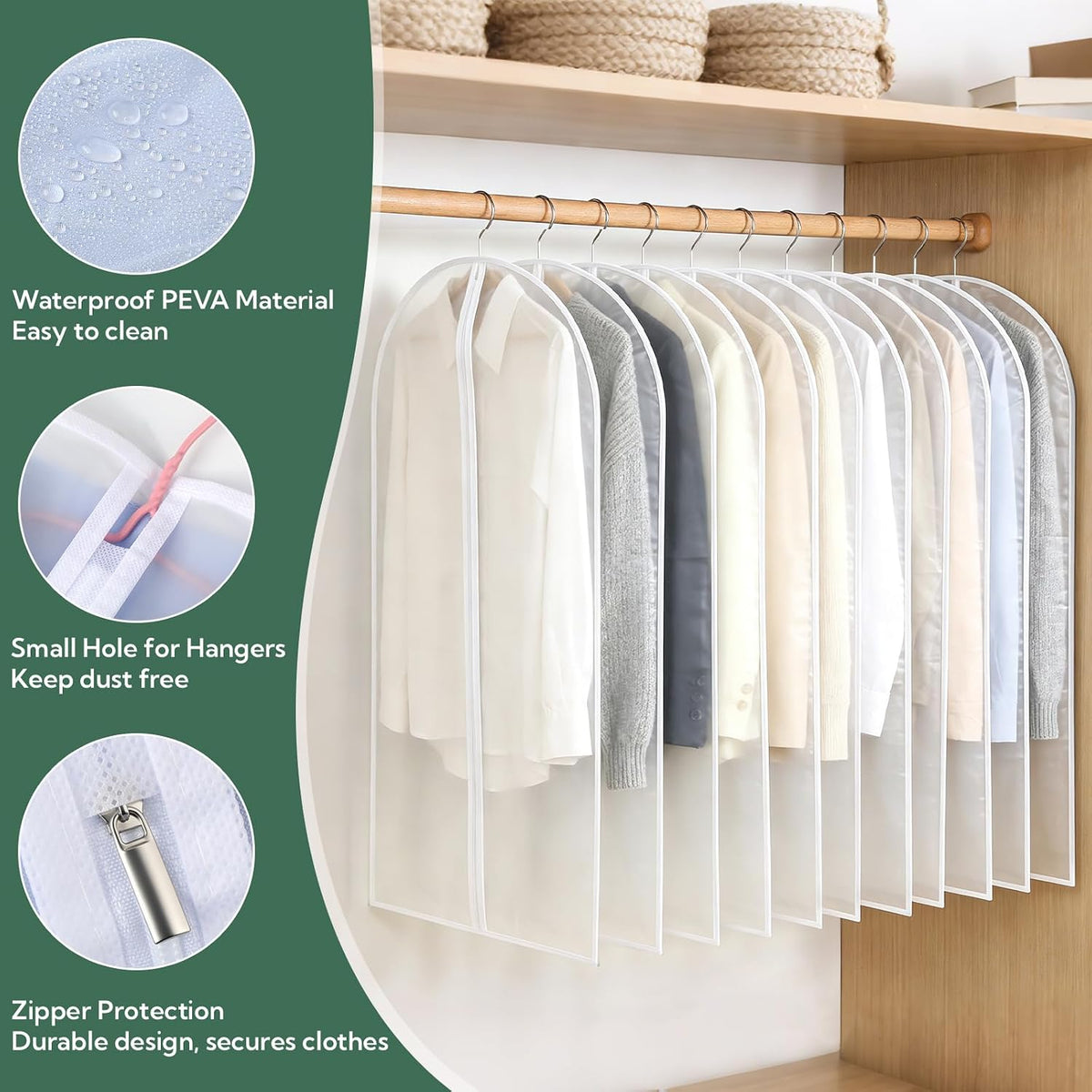 VZZNN 24 Pack Plastic Garment Bags 40'' Black, Dustproof Clothes Covers with Zipper for Hanging Suits, Dresses & Coats – Ideal for Home Closet Storage, Clothing Stores & Dry Cleaners (White)