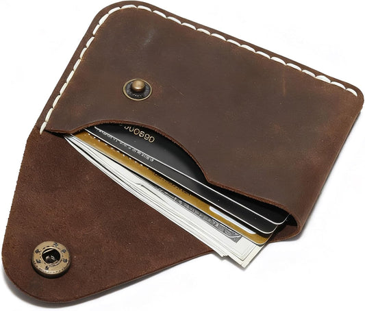 Handmade Genuine Leather Card Holder with Snap Closure - Ultra Slim Minimalist Wallet, Hand-Stitched Compact Front Pocket Card Case for Men & Women (Dark Coffee)