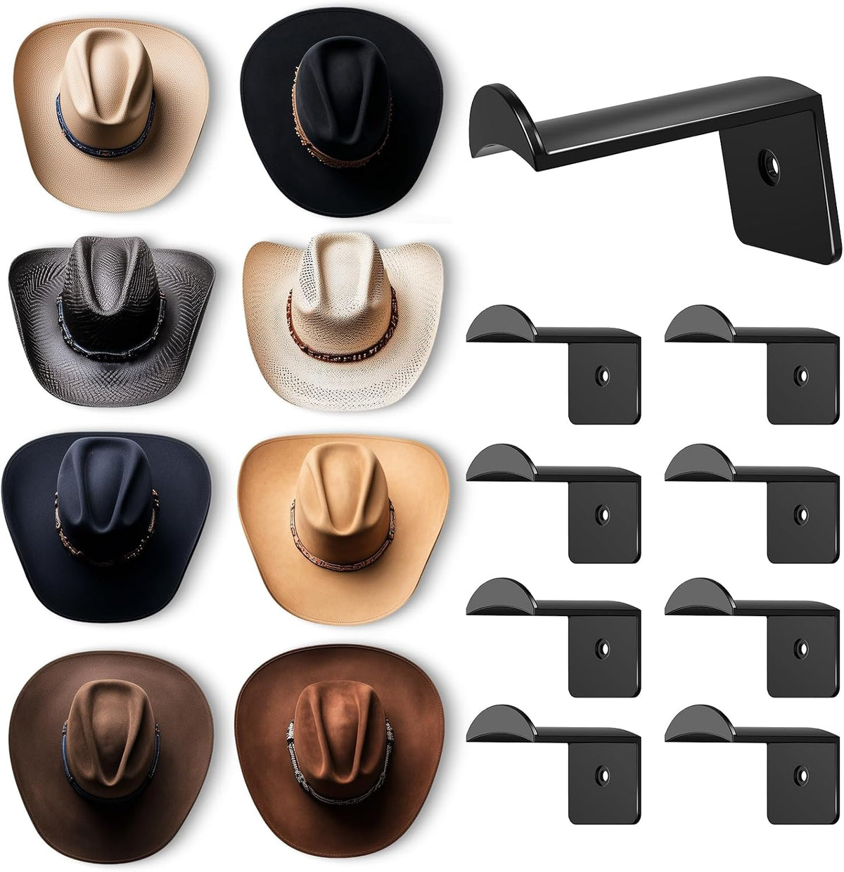 Aoodaily 2.8 Inch Hat Hooks for Wall - (8 Pack) Cowboy Hat Rack, Strong Adhesive Cap Holder, Organizer for Baseball Caps, Western Room Decor - Black