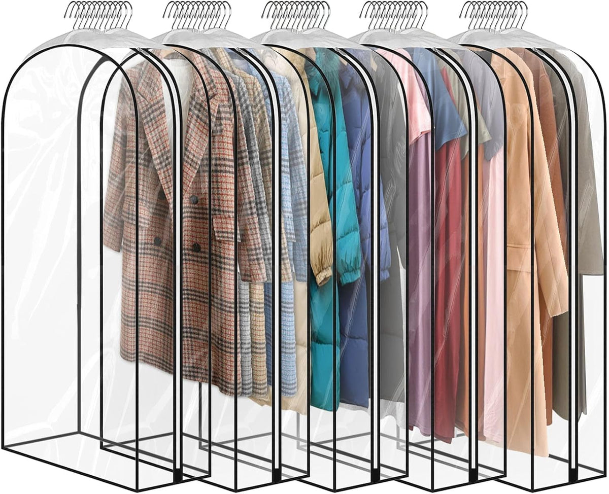 5 Pack 60" All Clear Garment Bags for Hanging Clothes Storage, 10" Gusseted Large Capacity Garment Rack Cover, Large Hanging Clothing Bag for Dress Gowns, Coats, Suit, Down Jacket