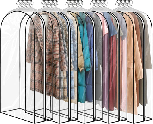 5 Pack 60" All Clear Garment Bags for Hanging Clothes Storage, 10" Gusseted Large Capacity Garment Rack Cover, Large Hanging Clothing Bag for Dress Gowns, Coats, Suit, Down Jacket