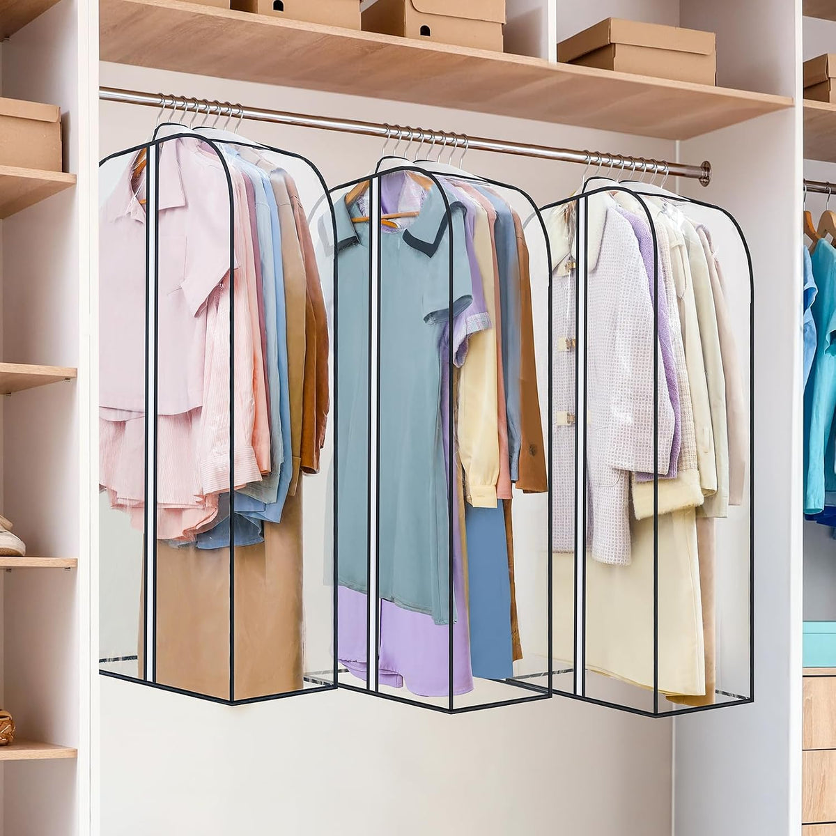 LANDNEOO 6 Pack Clear Garment Bags for Hanging Clothes with Zippers on Double Sides - 10'' Clothes Storage for Coat, Dress, and Fur in Closet - 40'' Long Suit Bags