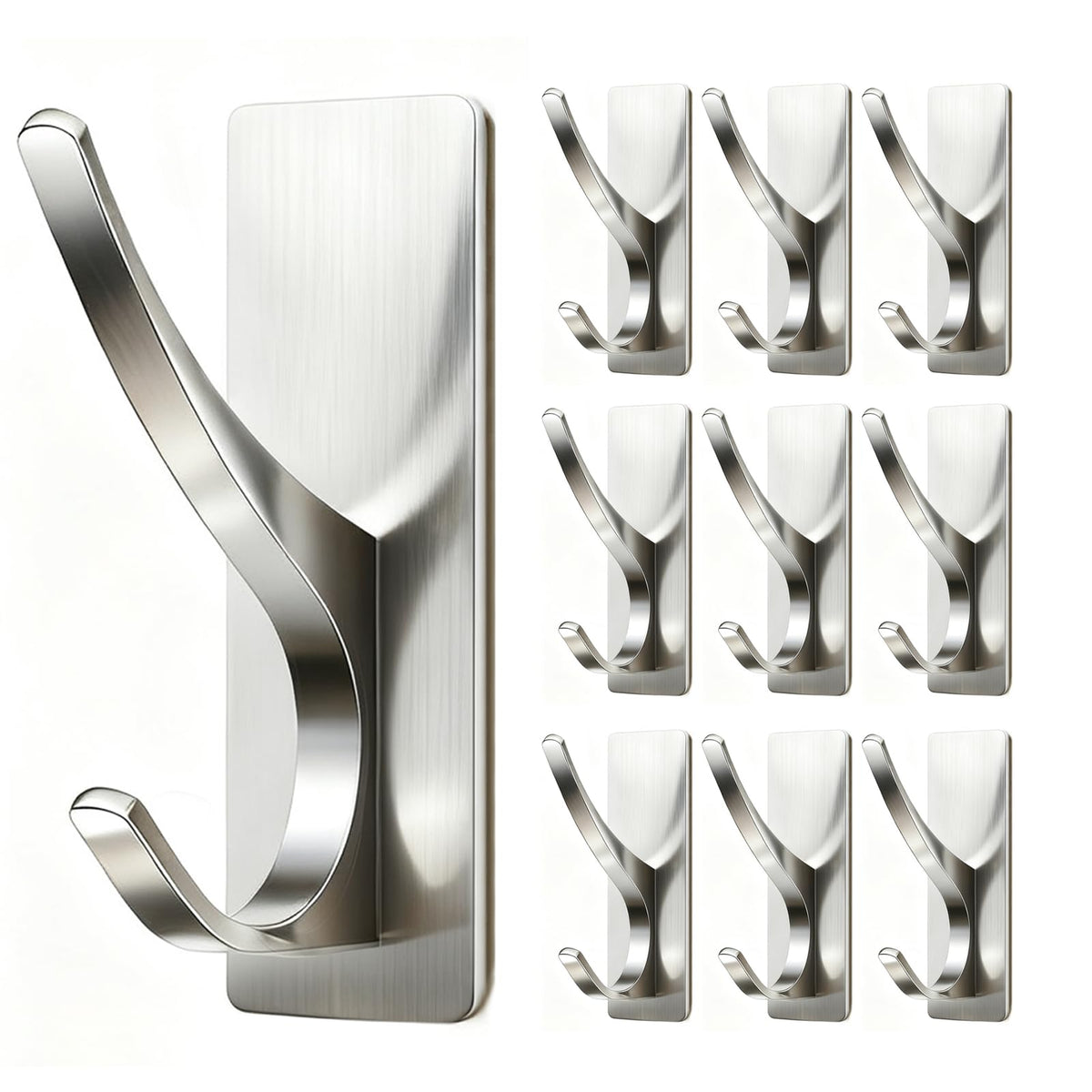 10 Pack Brushed Gold Self Adhesive Coat Hooks for Hanging: 13LB Extra Strong Stainless Double Wall Hook for Towel, Backpack, Hat, Sturdy Metal Hanger for Bathroom, Bedroom, Door, Wall Mounted