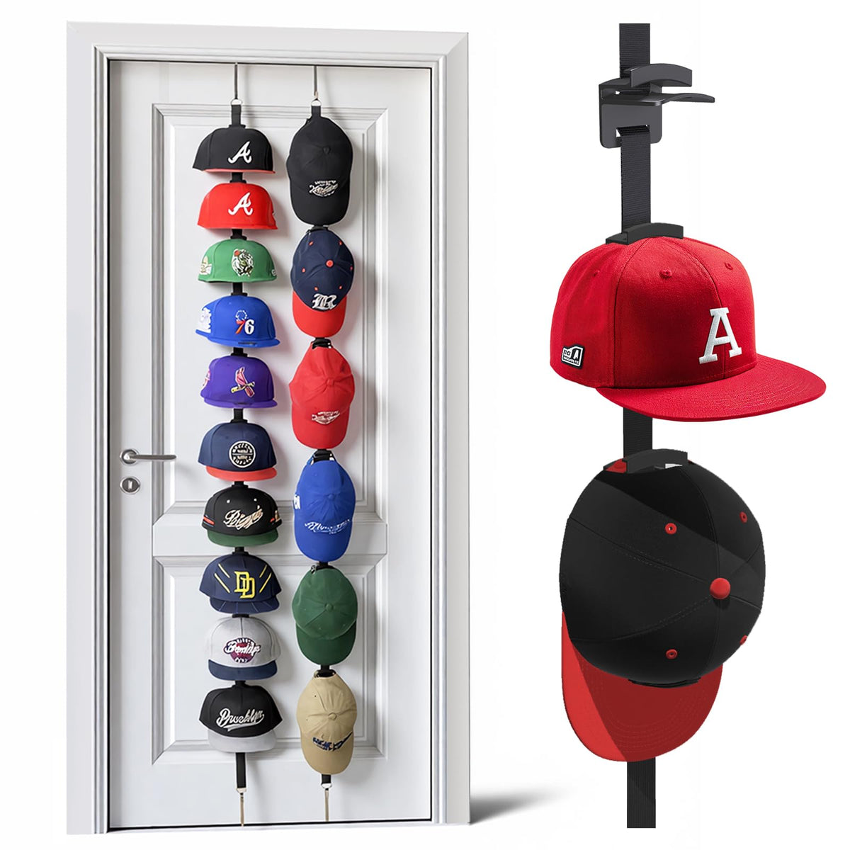 Over-the-Door Hat Organizer for Baseball Caps, Button & Strap 2-Way Hanging
