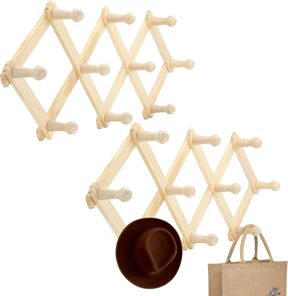 RamPro Accordion Style Wood Expandable Rack Hat, Cap, Belt, Umbrella Coffee Mug Wall wooden Pegs (Set of 2)
