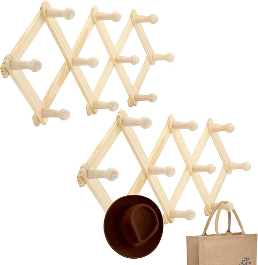 RamPro Accordion Style Wood Expandable Rack Hat, Cap, Belt, Umbrella Coffee Mug Wall wooden Pegs (Set of 2)