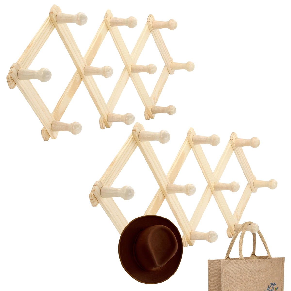 RamPro Accordion Style Wood Expandable Rack Hat, Cap, Belt, Umbrella Coffee Mug Wall wooden Pegs (Set of 2)