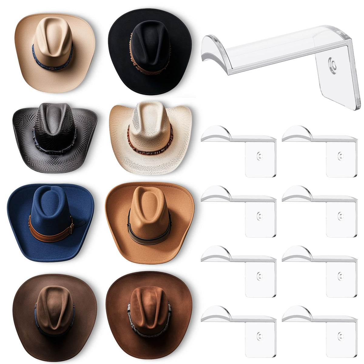 Aoodaily 2.8 Inch Hat Hooks for Wall - (8 Pack) Cowboy Hat Rack, Strong Adhesive Cap Holder, Organizer for Baseball Caps, Western Room Decor - Black