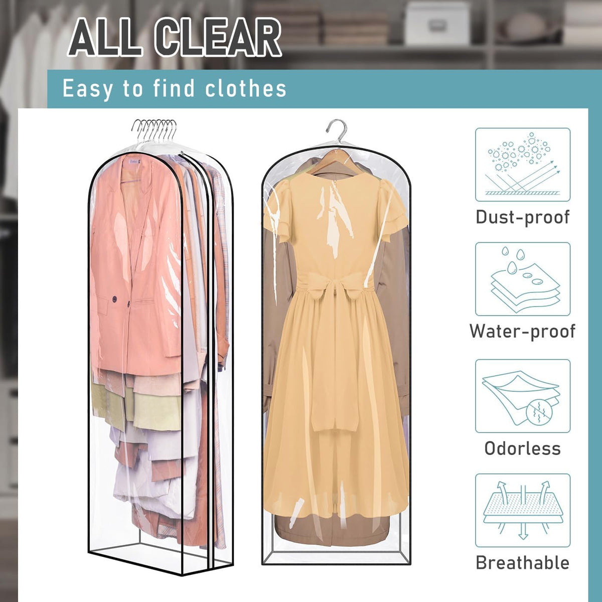 MISSLO 10" Gusseted All Clear Garment Bags for Hanging Clothes 60" Dress Bags for Gowns Long Fur Coat Closet Storage Covers, 3 Packs