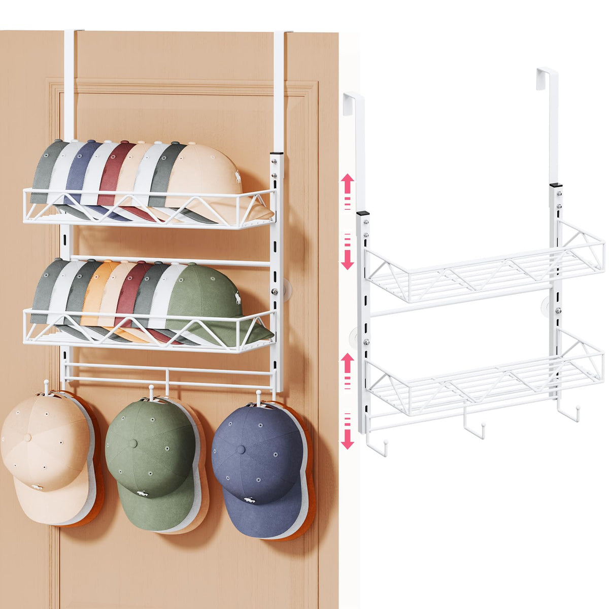 SWTYMIKI Over Door Hat Organizer - 3 Tier Wall Mounted Hat Rack with 2 Adjustable Metal Basket and 3 Hooks, Hanging Baseball Cap Organizer Storage Holds up to 29 Caps for Door, Bedroom, Closet