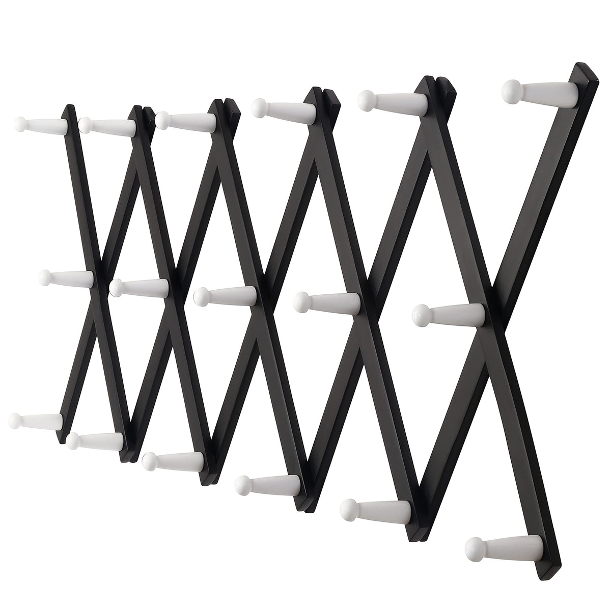 Dseap Accordian Wall Hanger: 16” High Wooden Wall Expandable Coat Rack, Hat Rack Holder, Accordion Hook for Baseball Caps, Coats, Mugs, 13 Peg Hooks, White