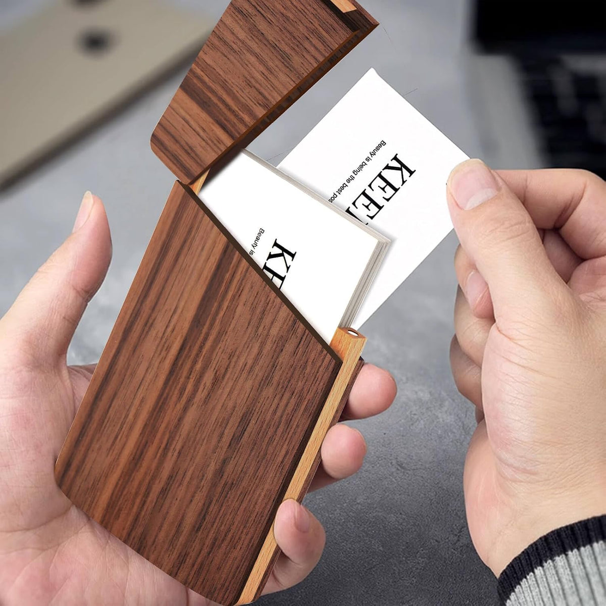 Wooden Business Card Holder, Black Walnut Case with Magnetic Closure