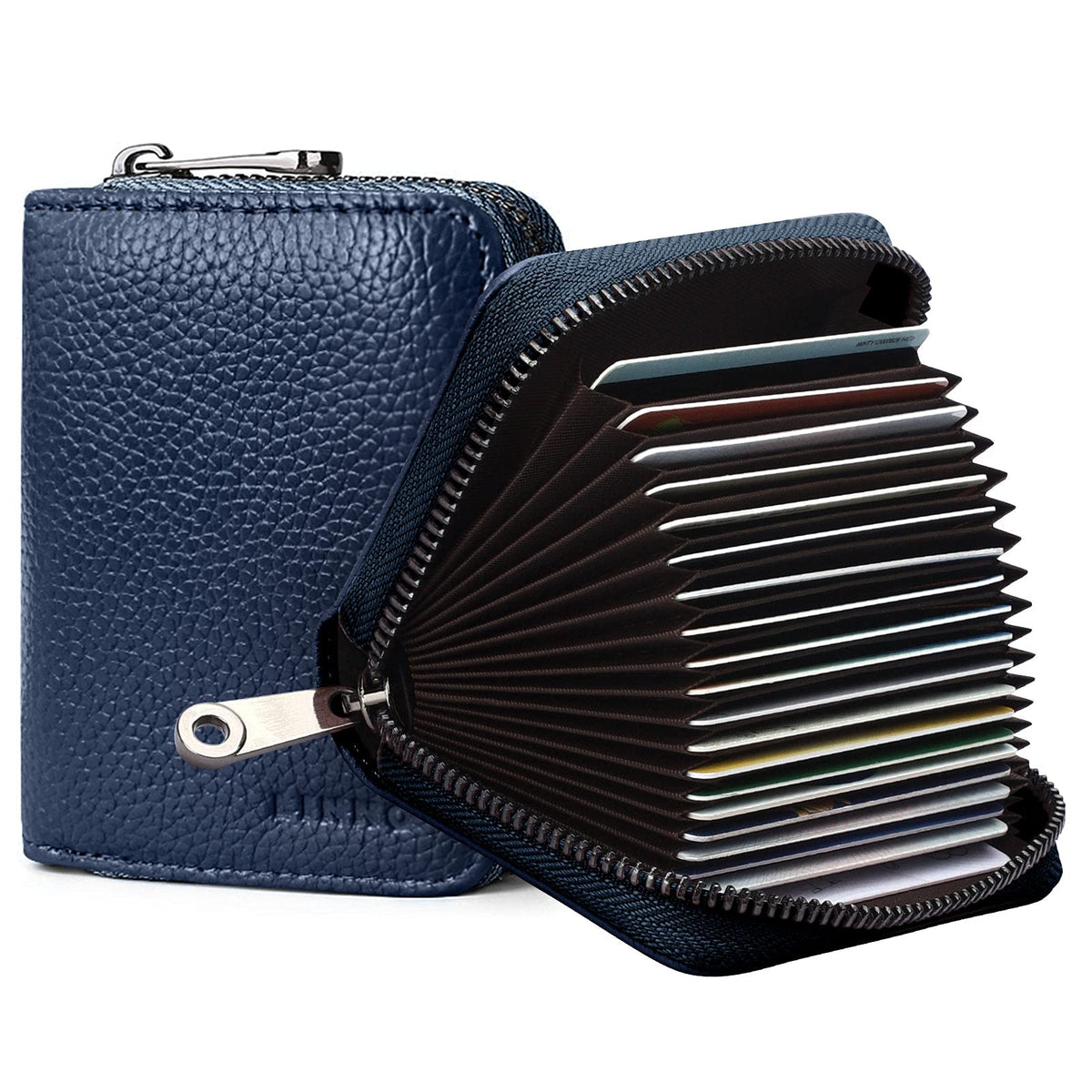 Linno RFID 20 Slots Credit Card Holder Genuine Leather Small Wallet for Women or Men with Zipper
