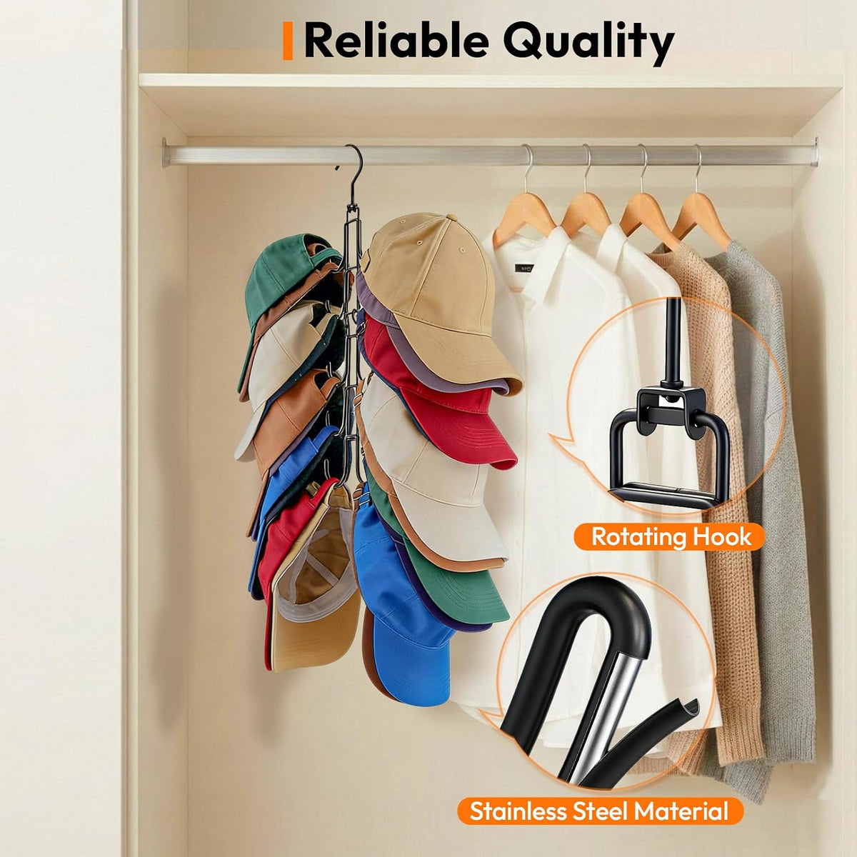 Hat Organizer for Closet, Baseball Caps Rack with 10 Hooks