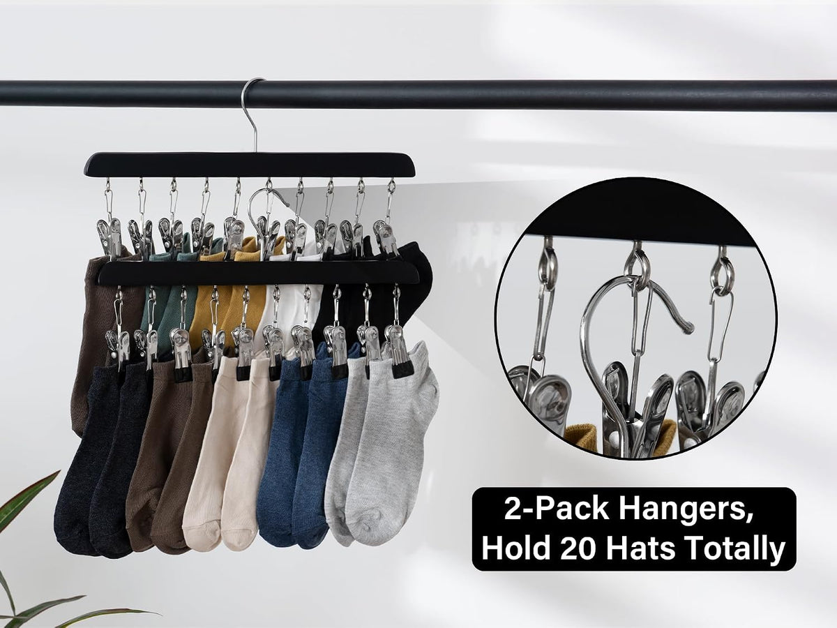 StorageWorks Hat Organizer 2 Pack, Black Cap Hanger Rack with 10 Clips