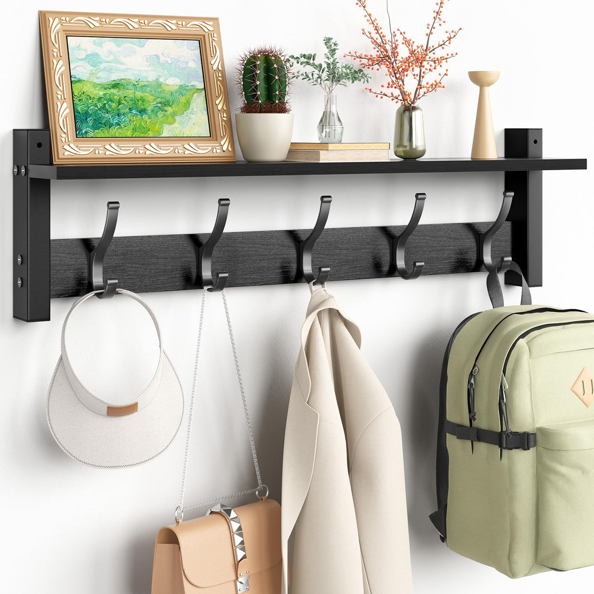 Optish Coat Rack Wall Mount with Shelf, 17.1 Inch Coat Hanger Walls Mounted, Hat Rack for Walls, Shelf with 5 Coat Hooks, Wall Hanger for Entryway (Black)