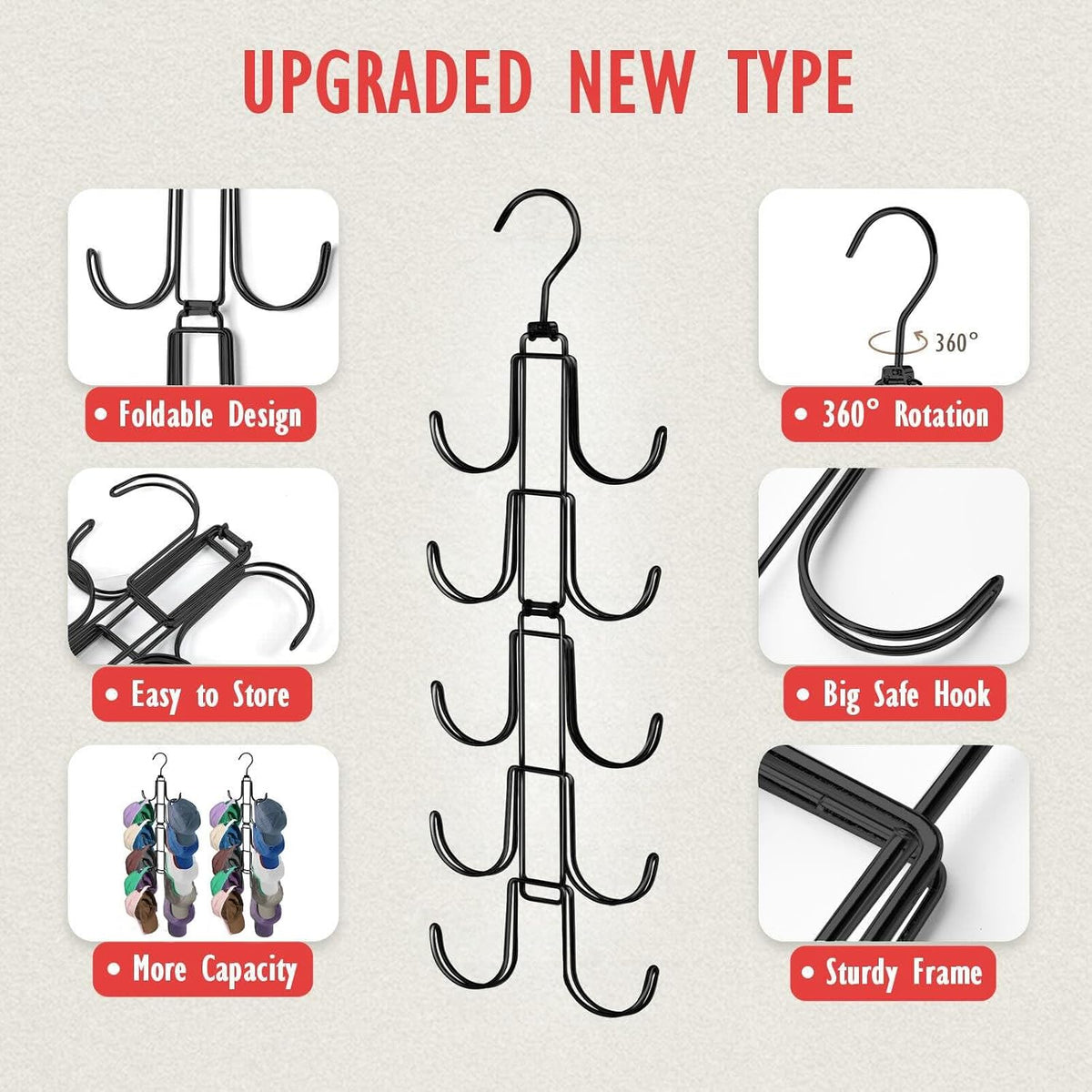 Hat Organizer for Closet: Collapsible Caps Rack with 10 Large Hooks