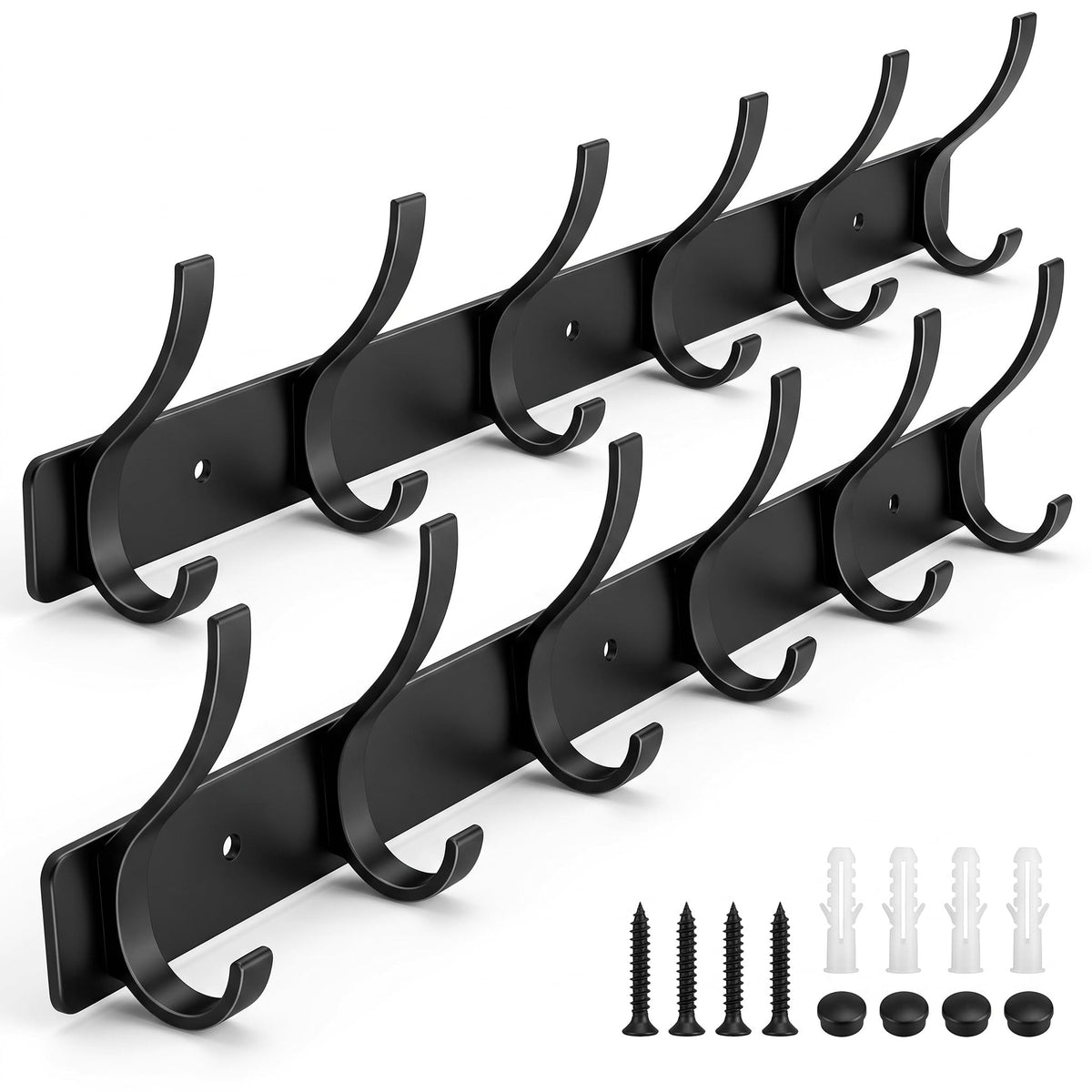 Coat Rack Wall Mounted,5 Coat Hooks for Hanging Coats,Heavy Duty Metal Double Hook Rack Hook Rail,Coat Rack with Hooks,Wall Mount Coat Hanger for Hat Towel Purse Robes (2 Pack Black, 5 Hooks)