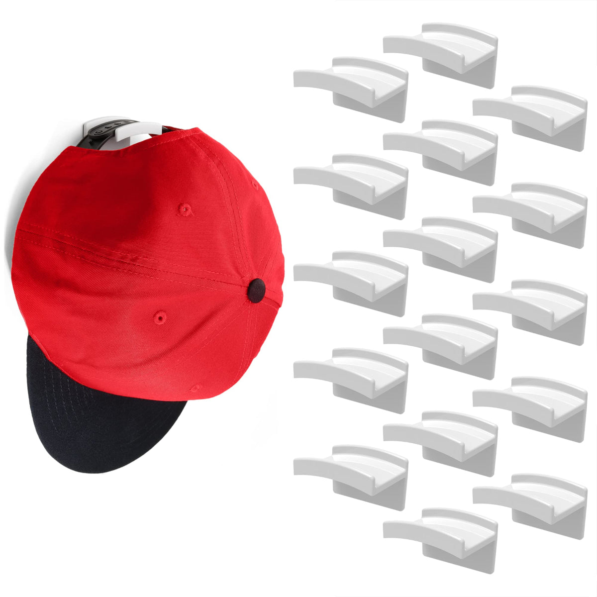Modern JP Adhesive Hat Hooks for Wall (16-Pack) - Minimalist Hat Rack Design, No Drilling, Strong Hold Hat Hangers - USA Patented, Clear