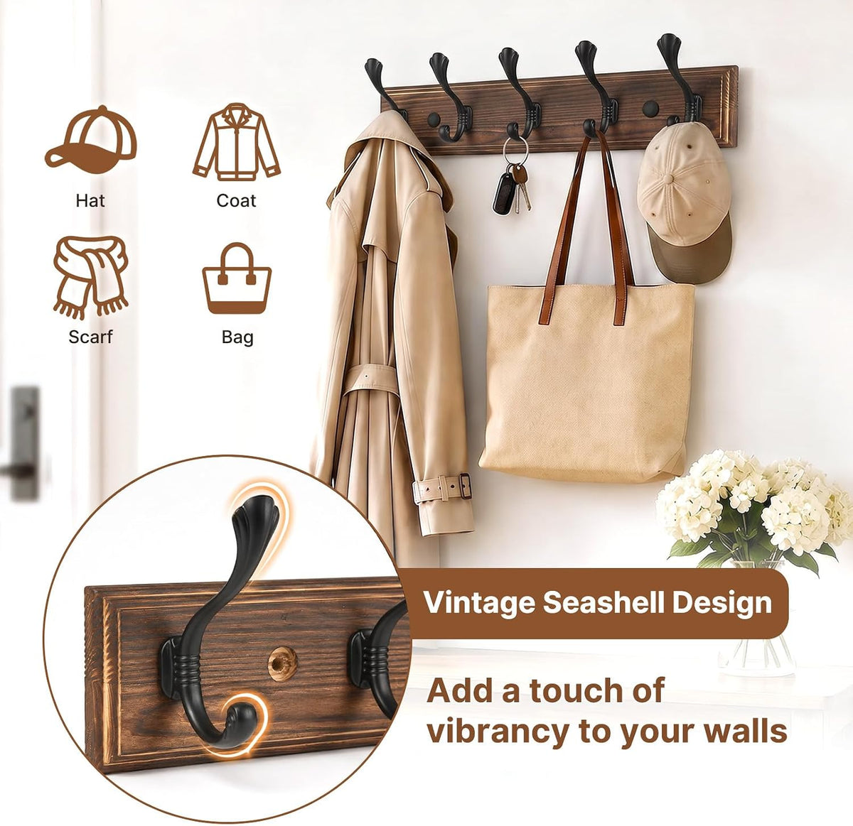 2 Pack Coat Hooks for Wall 16.9 in Wall Mounted Coat Rack with 5 Dual Hooks