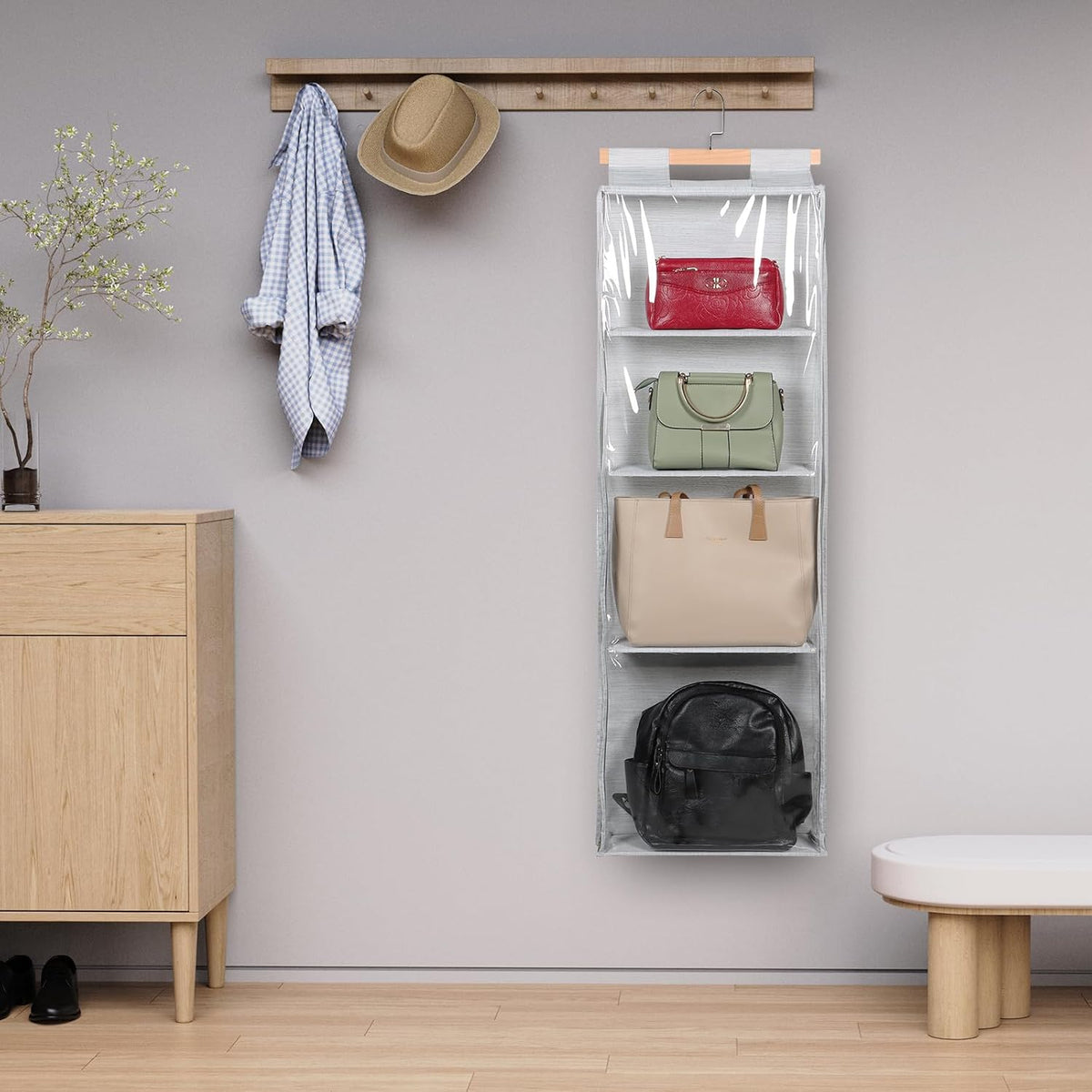 Syeeiex Hanging Handbag Purse Organizer with Zippers, 4 Mesh Shelves, Grey