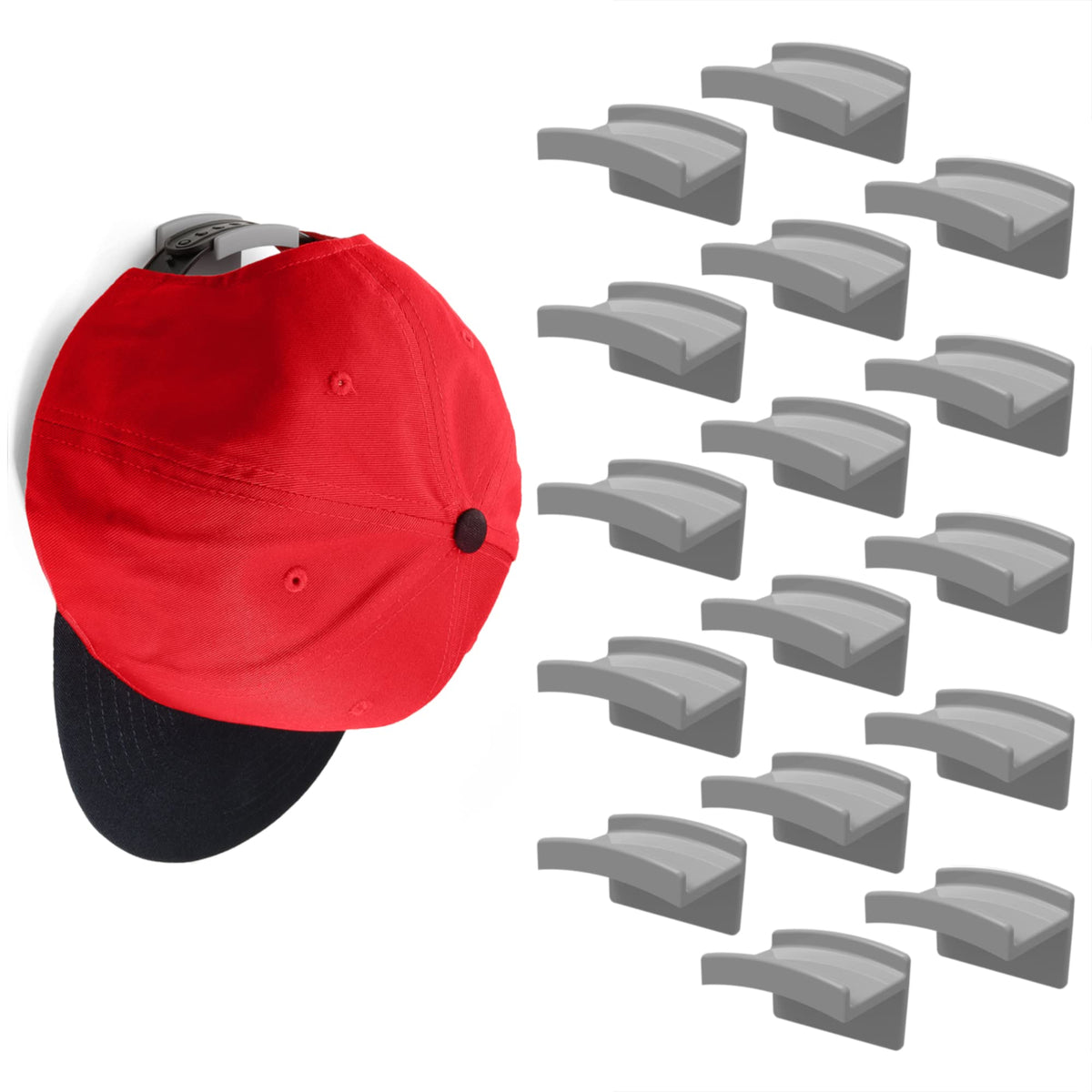 Modern JP Adhesive Hat Hooks for Wall (16-Pack) - Minimalist Hat Rack Design, No Drilling, Strong Hold Hat Hangers - USA Patented, Clear