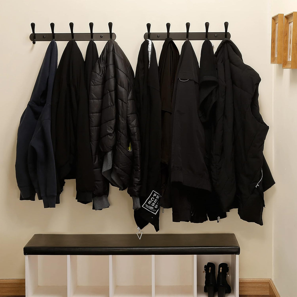 SKOLOO Coat Rack Wall Mount - Modern, Metal Wall Coat Rack with 5 Hooks, Pack of 2, Sturdy Wall Mounted Coat Hooks for Hanging Coat, Jacket, Clothes, Hat, Matte Black