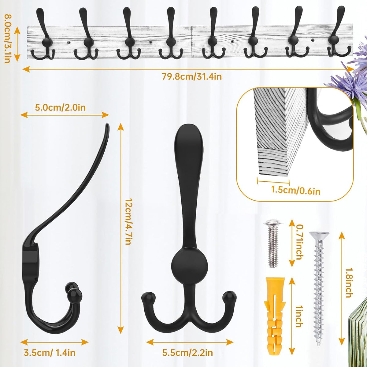 IBosins Wall Mounted Coat Rack, 31.4" Long with 8 Black Rustic Tri-Hooks