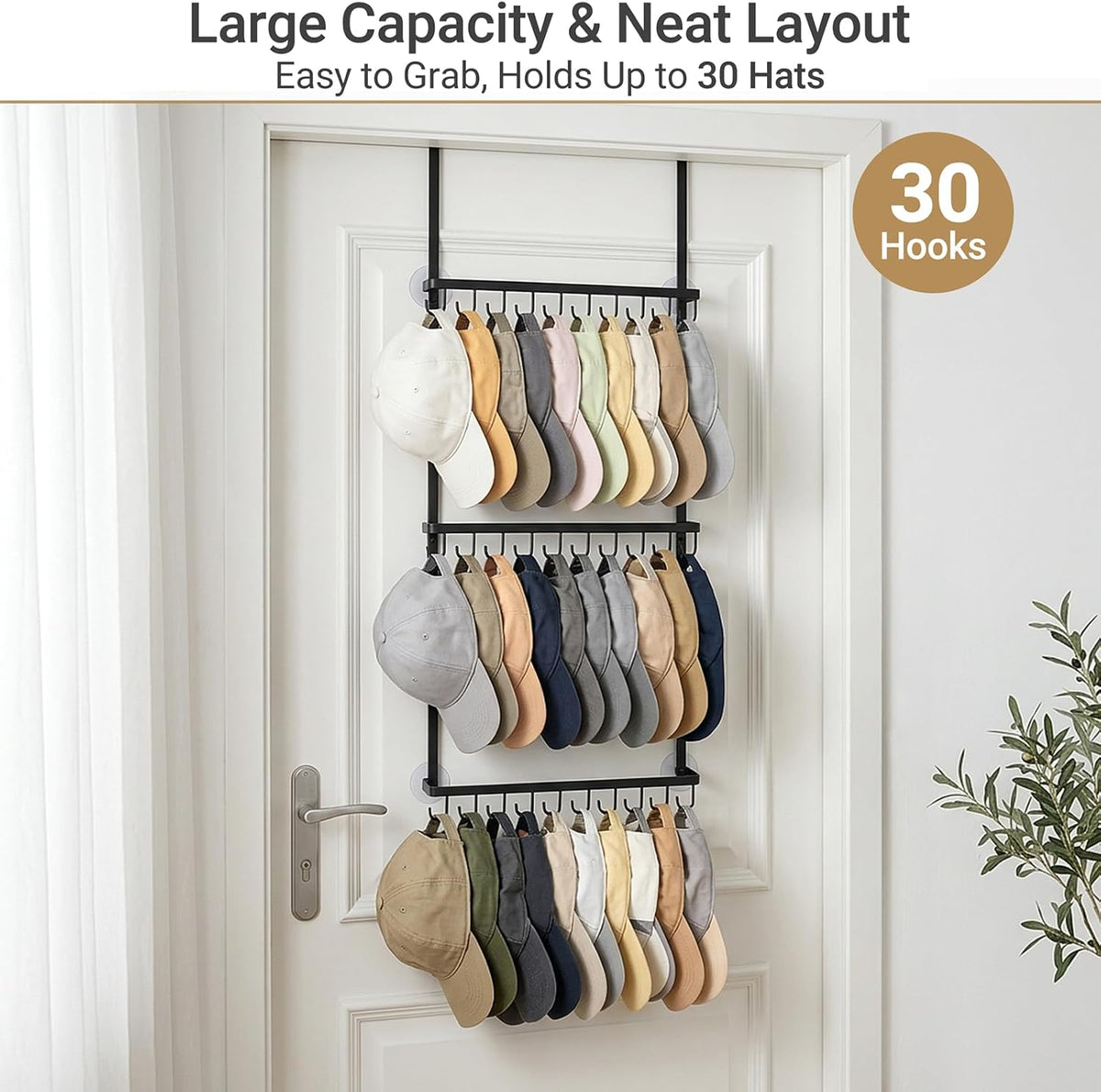 Mkono Over Door Hat Organizer for Baseball Caps, Hat Rack with 30 Hooks