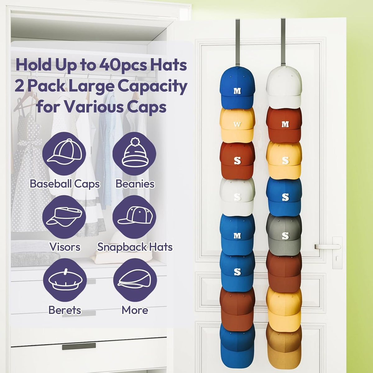 SWTYMIKI Over Door Hat Organizer - 2 Packs Metal Wall Mounted Hat Rack with 16 Hooks Design, Hanging Baseball Cap Organizer Storage Holds up to 32 Caps for Door, Bedroom, Closet