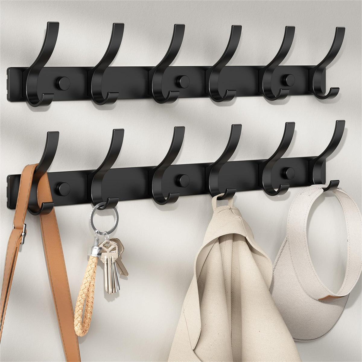 Optish Coat Rack Wall Mount, Coat Hook Wall Mount, Wall Hooks for Hanging, Hat Rack for Walls, Coats Hanger with 12 Hook, Towel Hooks for Bathrooms (2 Pack, White)