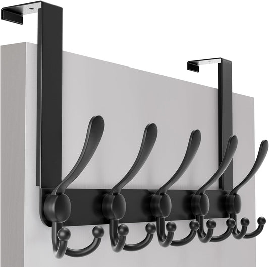 SKOLOO Over The Door Hook - for Doors up to 1-3/4'' Thickness, Metal Door Hanger with 5 Triple Hooks, Black Over The Door Hanger for Coats, Hats, Towels, Assembly Required