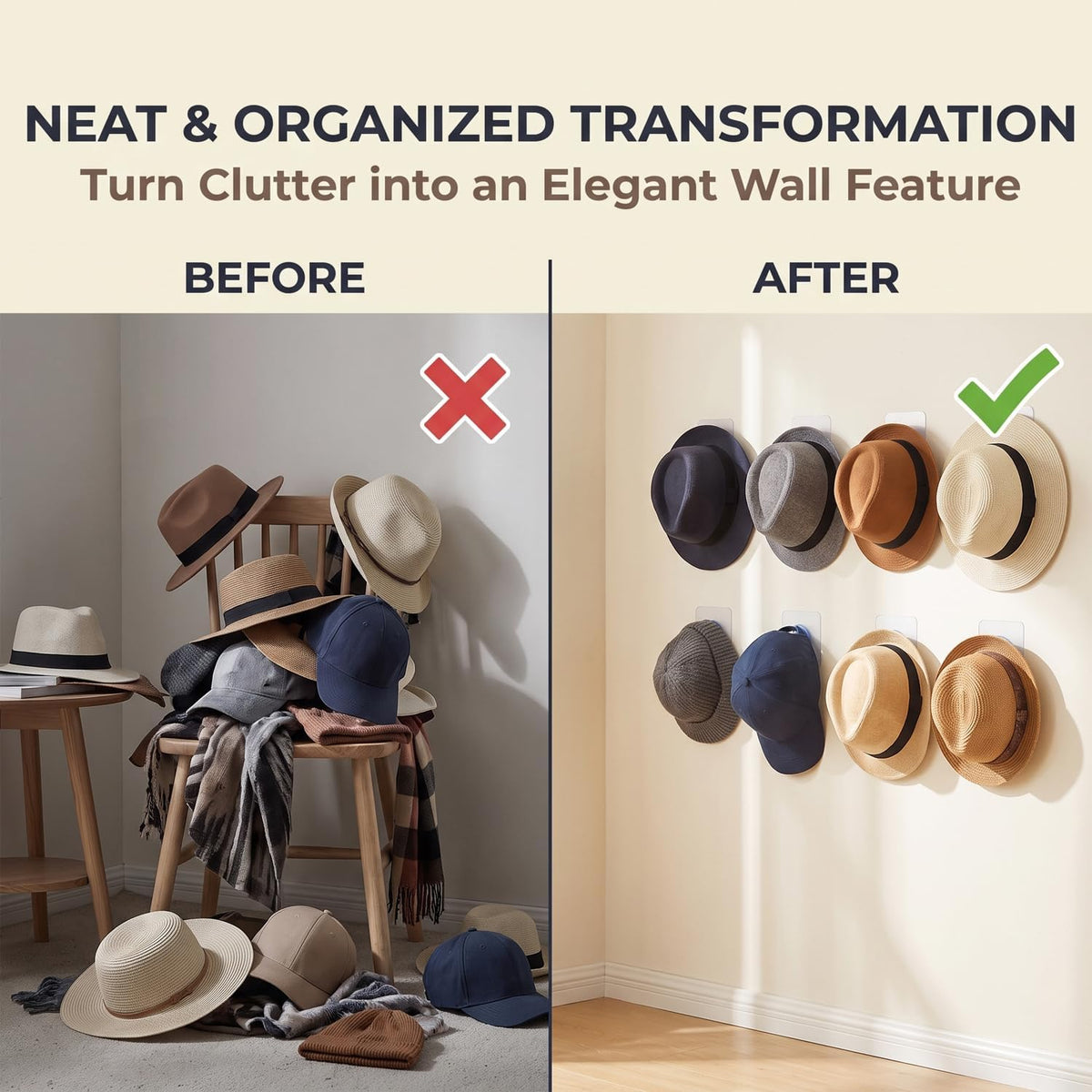 FOTYRIG Adhesive Hat Hooks Hat Hangers 10lbs Sticky Wall Rack for Baseball Caps, Bucket Hats, Cowboy Hats, Extended Wooden Pegs Handmade - Bathroom Door Cloest Entryway Wardrobe-8 Pack