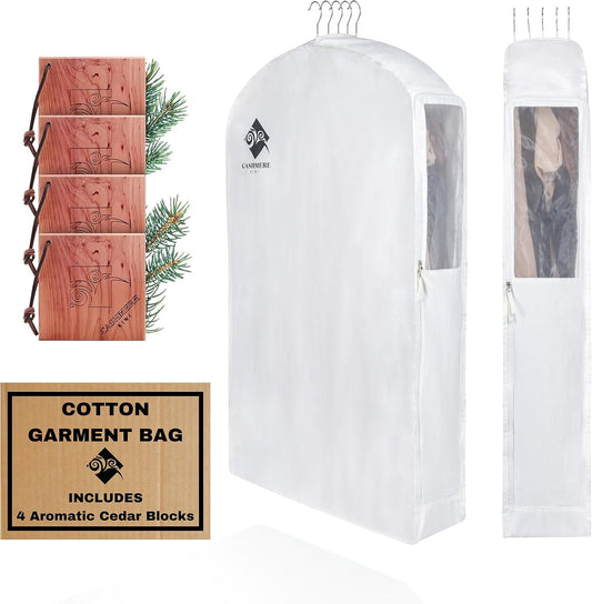 Premium 40” Short Cotton Garment Bag For Hanging Clothes And Storage | Wide 6” Gusset & 4 Cedar Blocks For Fresh Smell And Moth Protection | Best For Suits, Fur Coats, Leather Jackets, Sweaters.