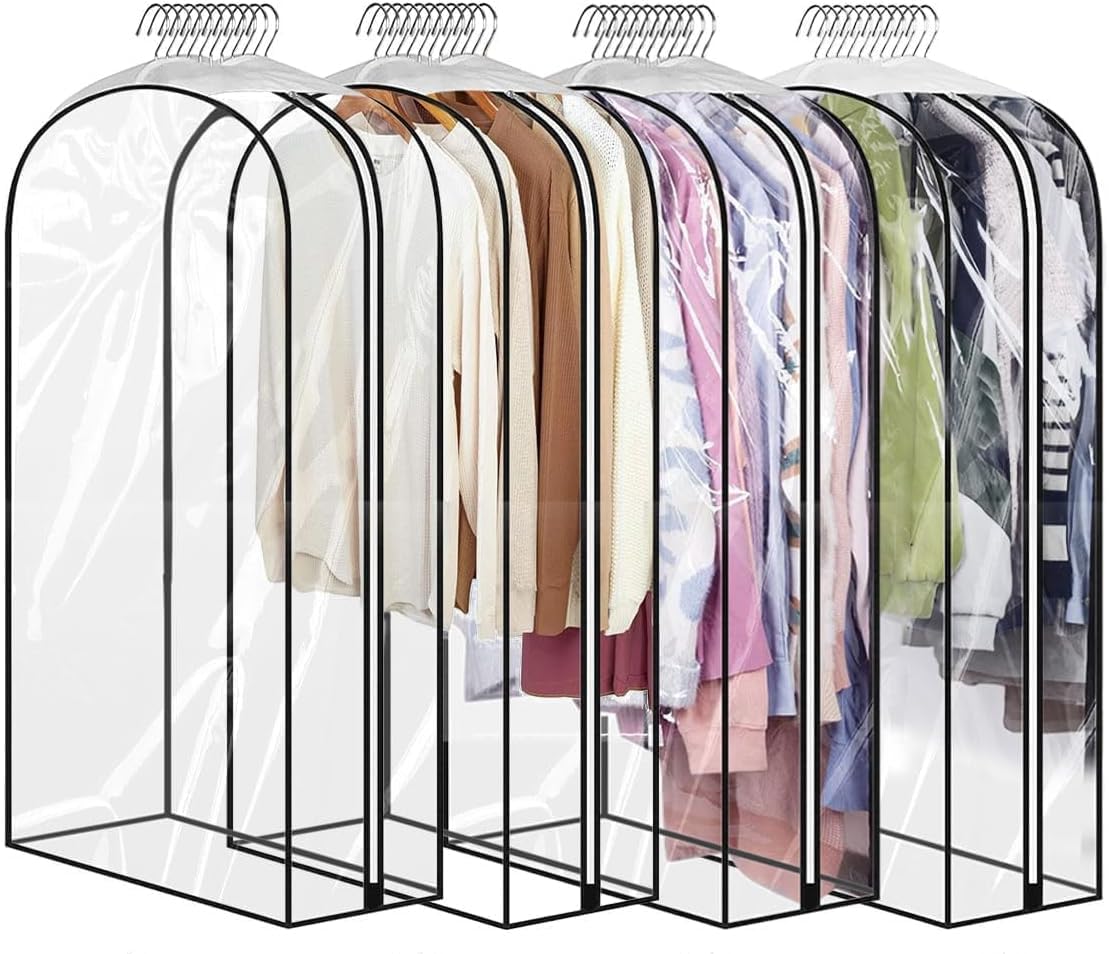60" Clear Clothes Hangers with Smooth Side Zipper, 10" Gusseted Waterproof Garment Bags for Shirts, Coats, Dresses, Suits, 4 Pack