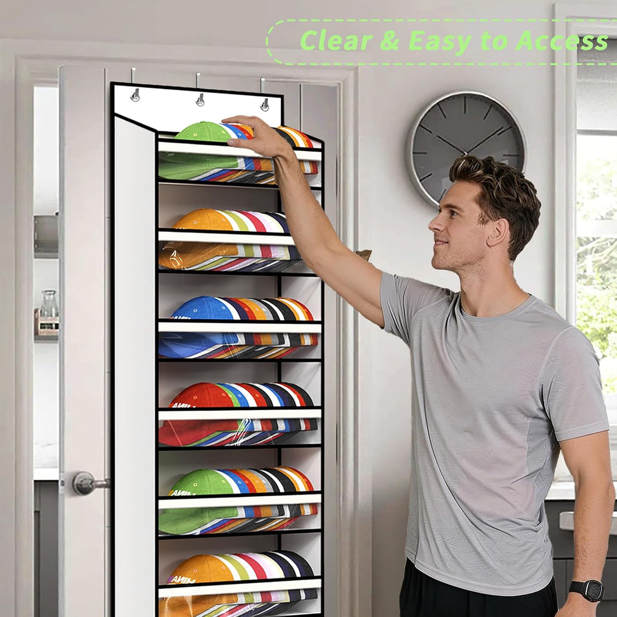 KEEPJOY 8-Tier Over the Door Hat Rack for Baseball Caps, Holds Up to 120 Caps Large Capacity Hanging Hat Storage Organizer with Clear Deep Pockets, Hat Holder for Nursery, Bedroom, Closet (White)