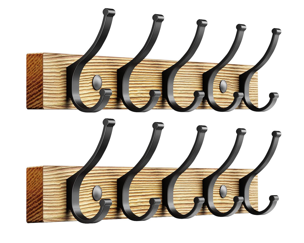 Optish Coat Rack Wall Mount, 16.5 Inches Wood Coat Hooks Wall Mount, Wall Coat Rack with 5 Hooks, Hat Rack Wall Hooks for Hanging Coat, Bag, Towel (2Pack, Brown)