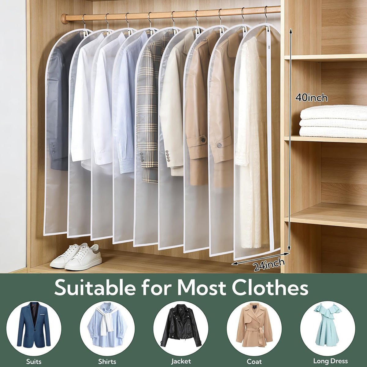 VZZNN 24 Pack Plastic Garment Bags 40'' Black, Dustproof Clothes Covers with Zipper for Hanging Suits, Dresses & Coats – Ideal for Home Closet Storage, Clothing Stores & Dry Cleaners (White)