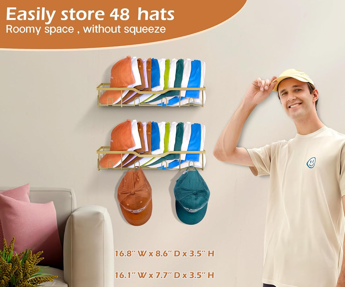 KEETDY Metal Hat Organizer for Baseball Caps Wall Hat Rack Fit 48 Caps Holder, 2 Packs Sturdy Wall Mounted Hat Storage Organizer, Gold
