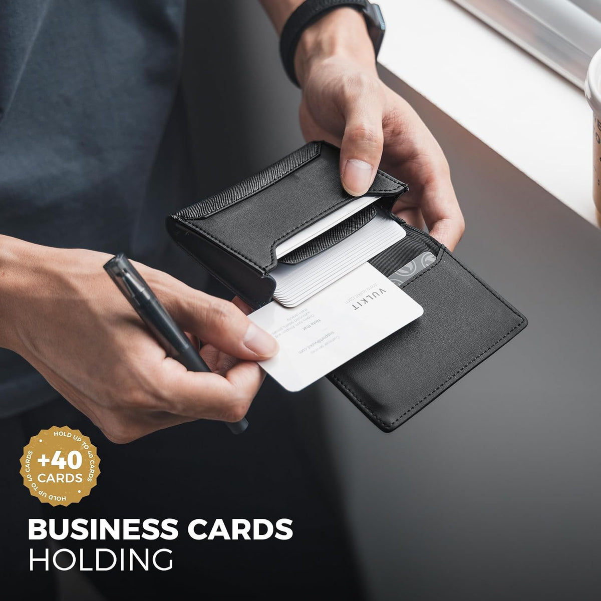 VULKIT Business Card Holder Premium Leather RFID Blocking Card Case With ID Window Magnetic Closure Holds Up to 40 Business Cards