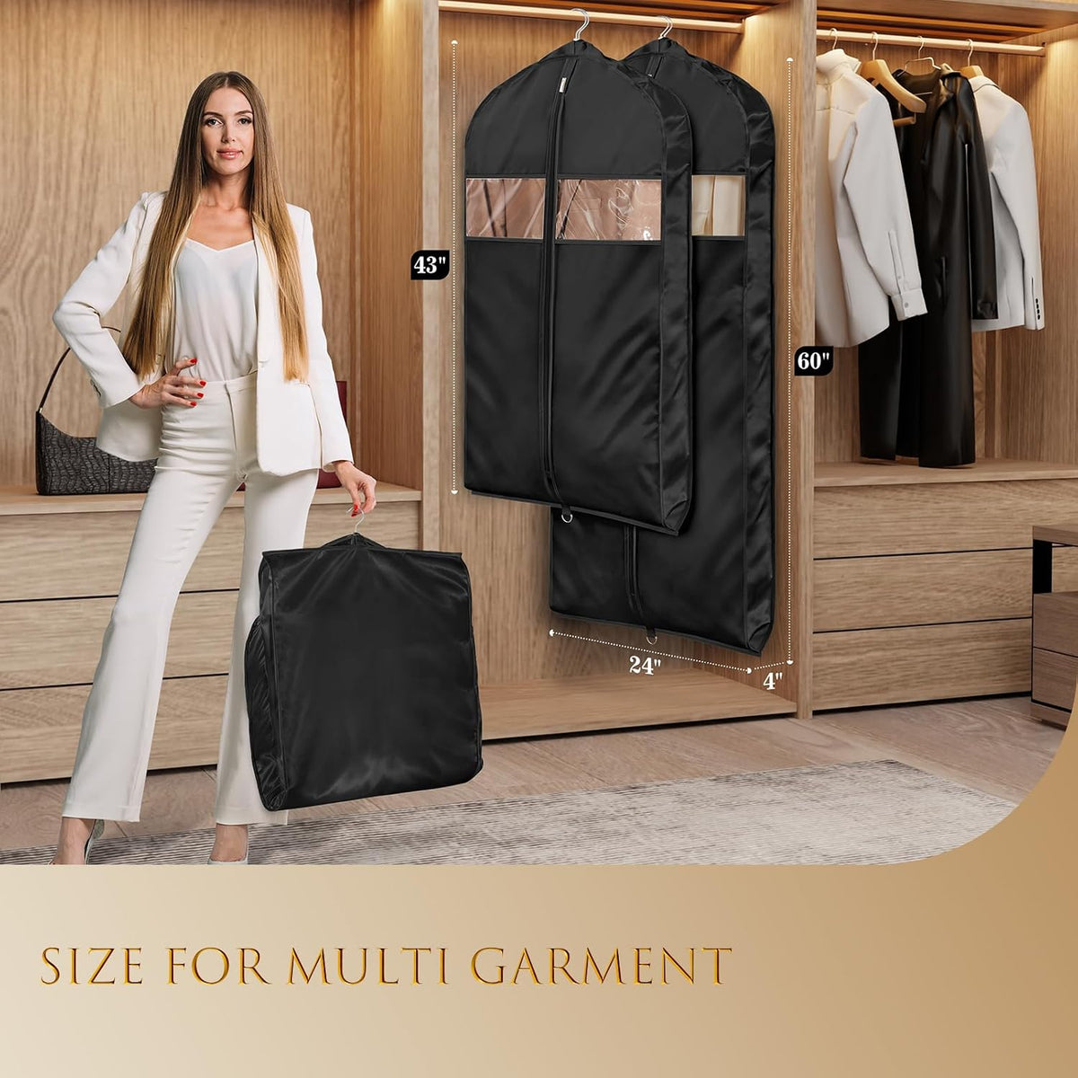 Univivi Satin Garment Bags for Hanging Clothes, Black, 43 Inch, 2 Pack