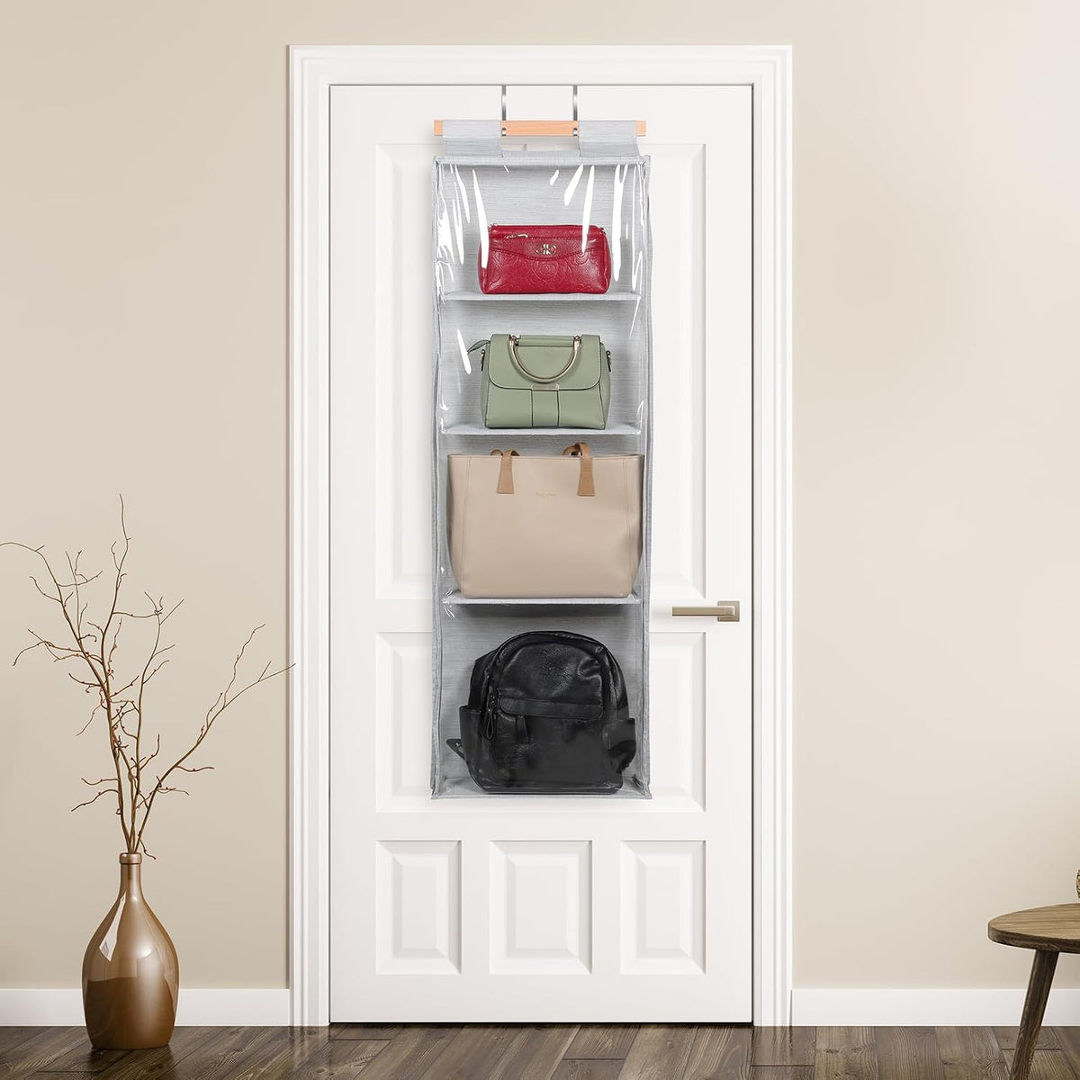 Syeeiex Hanging Handbag Purse Organizer with Zippers, 4 Mesh Shelves, Grey