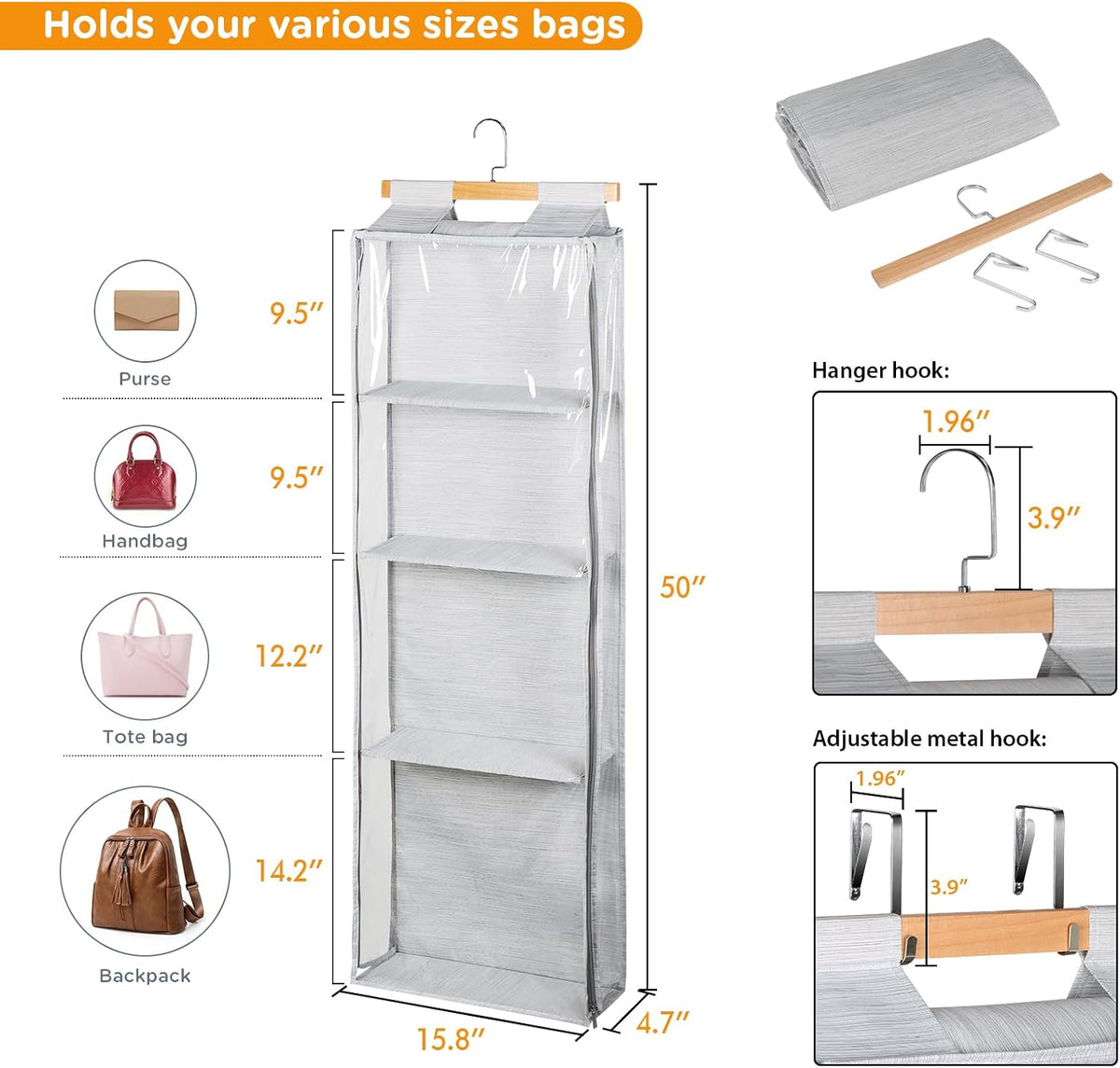 Syeeiex Hanging Handbag Purse Organizer with Zippers, 4 Mesh Shelves, Grey