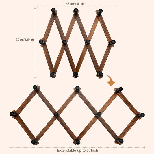 Accordion Wall Hanger, 2 Pack, Wood Expandable Wall Mounted Hanger with 10 Hooks for Coats, Hats, Coffee Mug Ect, 20Pegs Included, Walnut Color,Retro Style,14Inch