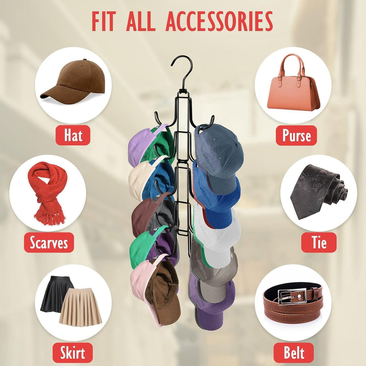 Hat Organizer for Closet: Collapsible Caps Rack with 10 Large Hooks