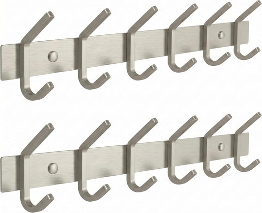 Coat Rack Wall Mount – Brushed Nickel 17 Inch Stainless Steel Hook Rail with 6 Heavy Duty Double Coat Hooks – Wall Mounted Coat Hanger for Entryway, Bathroom, Bedroom, Towel, Hat Organizer - 2 Pack