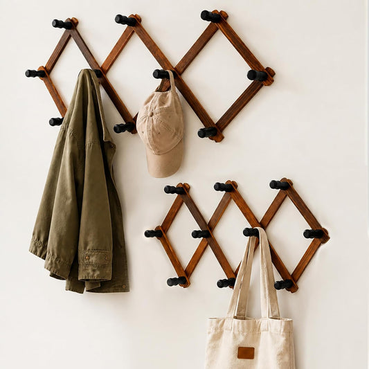 Accordion Wall Hanger, 2 Pack, Wood Expandable Wall Mounted Hanger with 10 Hooks for Coats, Hats, Coffee Mug Ect, 20Pegs Included, Walnut Color,Retro Style,14Inch